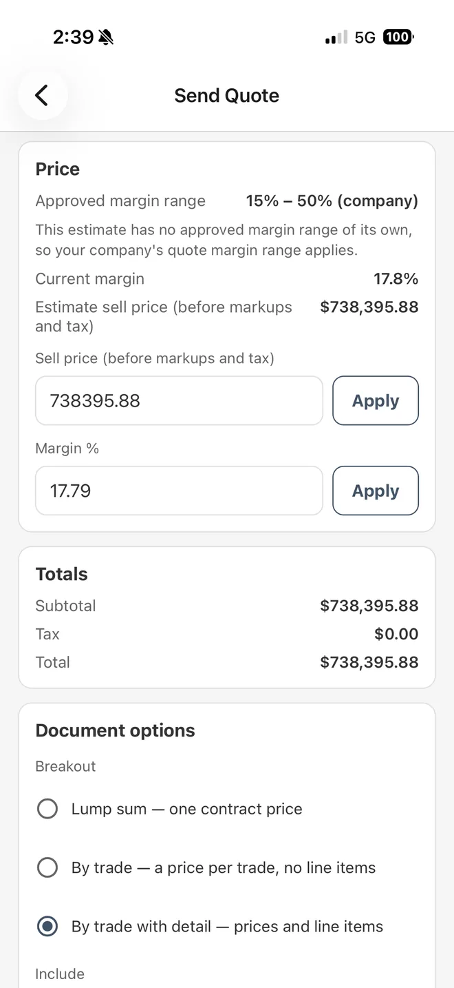Send Quote price section showing an approved margin range of 15% to 50%, the current margin, sell price and margin fields, the totals, and the document breakout options.