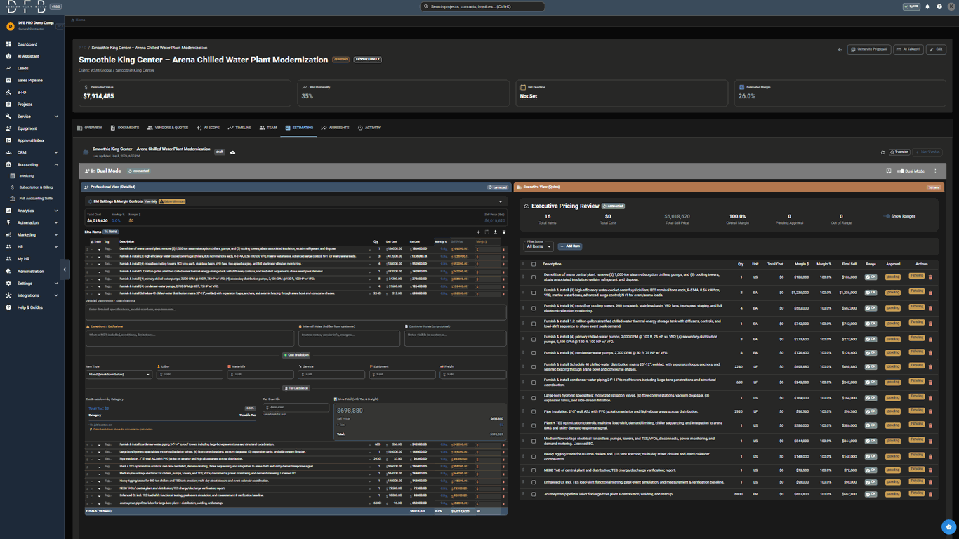 DesignFlow Build construction estimating — the detailed line-item grid with its cost and tax breakdown, beside a connected executive pricing review